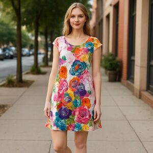 VTG Jams World Size Small "Lille" Floral Hawaiian Print Mini Dress Cap Sleeve